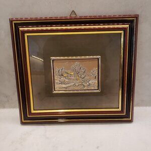 Vintage Art Decor Sterling Silver 925 Picture of Houses, Stream, Bridge